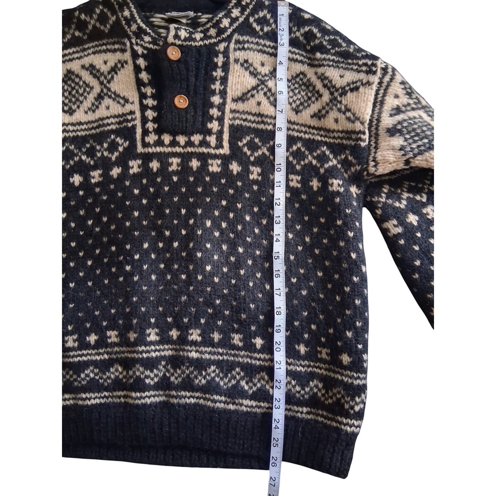Yeti Mens 100% Wool Sweater Black Cream Fair Isle Henley Knit Made in Nepal M - Picture 6 of 7